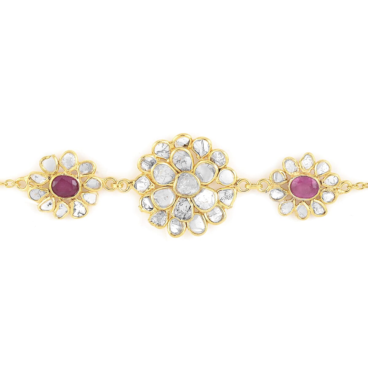 Ruby and Polki Diamond Lotus Floral Bracelet in 14K Yellow Gold Over Sterling Silver (6.50 In) 3.40 ctw