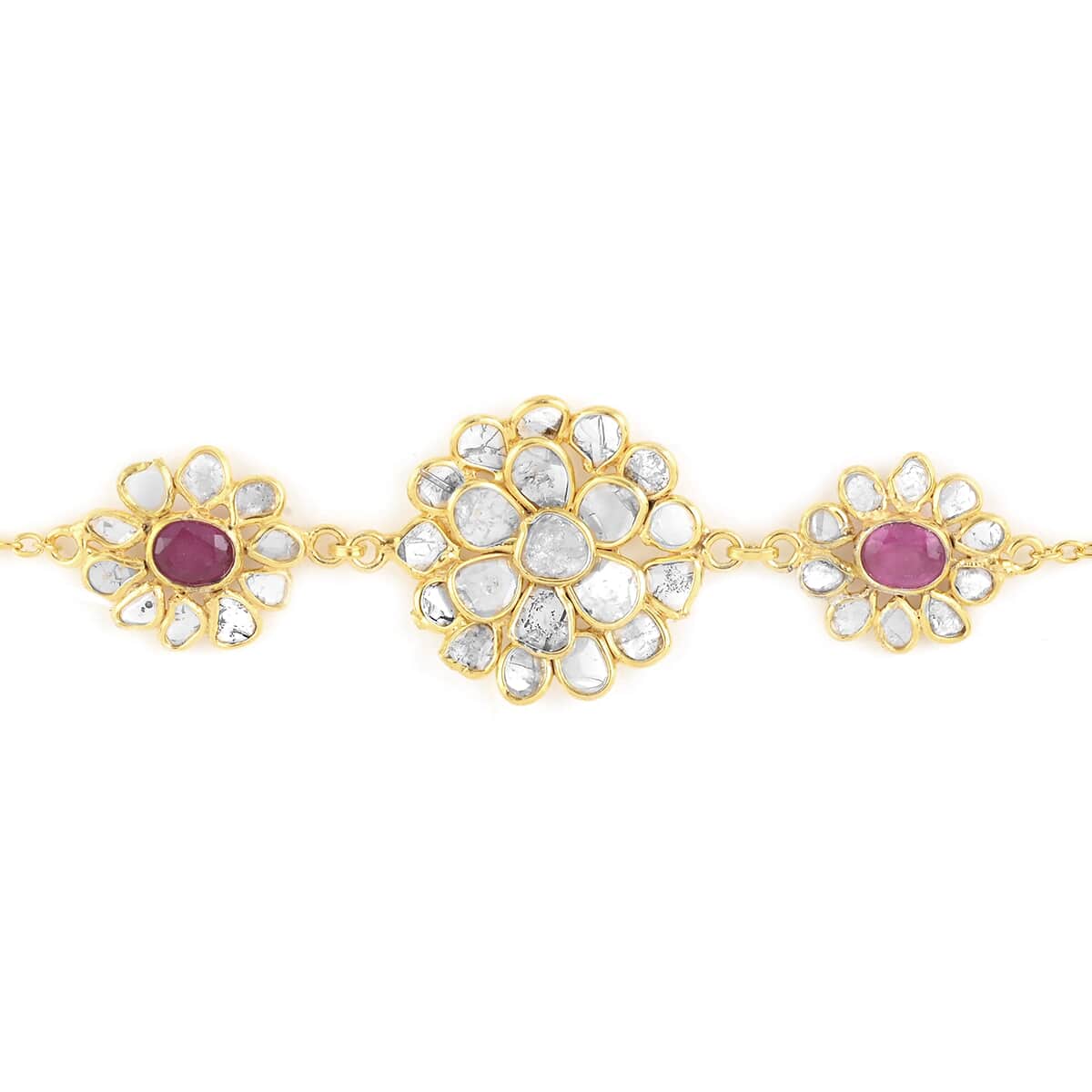 Ruby and Polki Diamond Lotus Floral Bracelet in 14K Yellow Gold Over Sterling Silver (6.50 In) 3.40 ctw image number 1