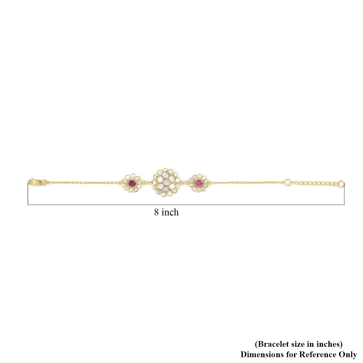 Ruby and Polki Diamond Lotus Floral Bracelet in 14K Yellow Gold Over Sterling Silver (6.50 In) 3.40 ctw