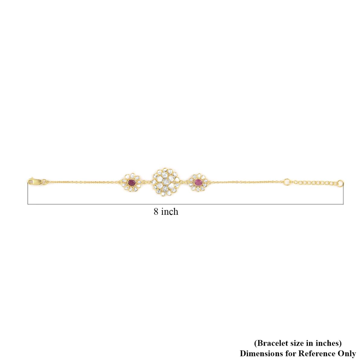 Ruby and Polki Diamond Lotus Floral Bracelet in 14K Yellow Gold Over Sterling Silver (6.50 In) 3.40 ctw image number 3