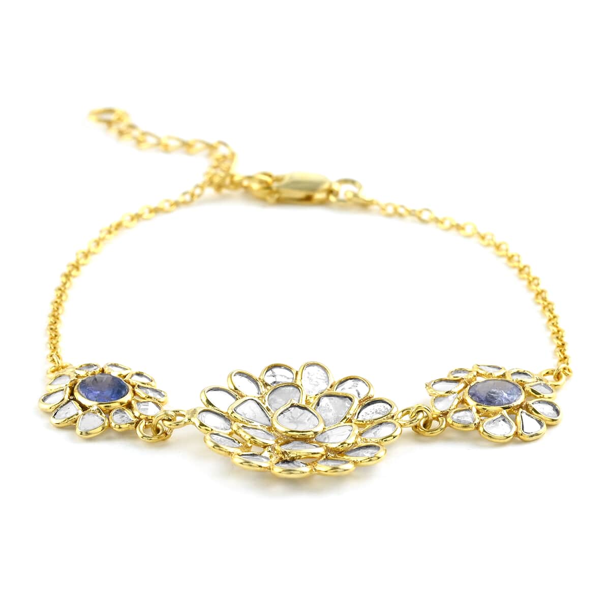 Tanzanite and Polki Diamond Lotus Floral Bracelet in 14K Yellow Gold Over Sterling Silver (6.50 In) 3.25 ctw image number 0