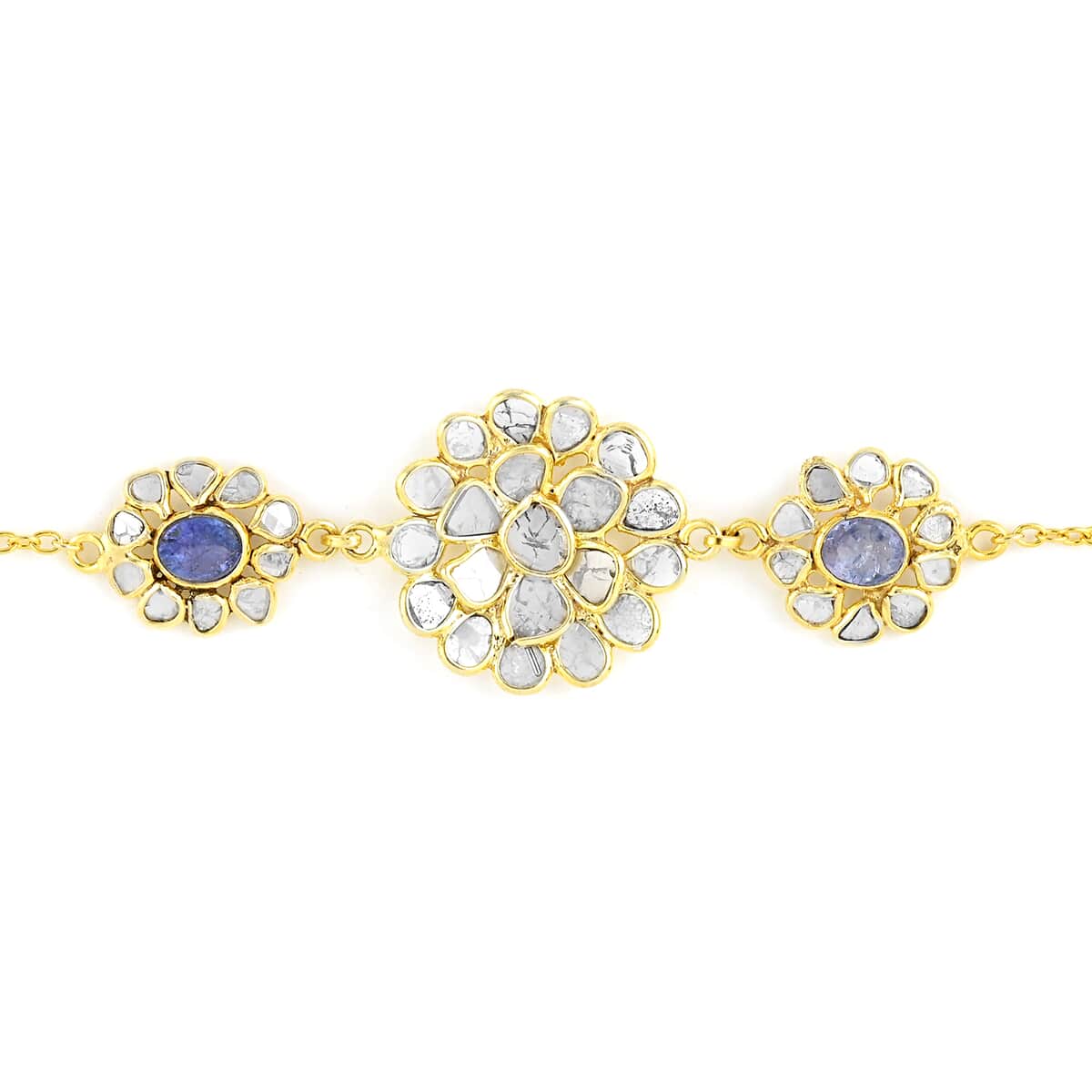 Tanzanite and Polki Diamond Lotus Floral Bracelet in 14K Yellow Gold Over Sterling Silver (6.50 In) 3.25 ctw image number 1