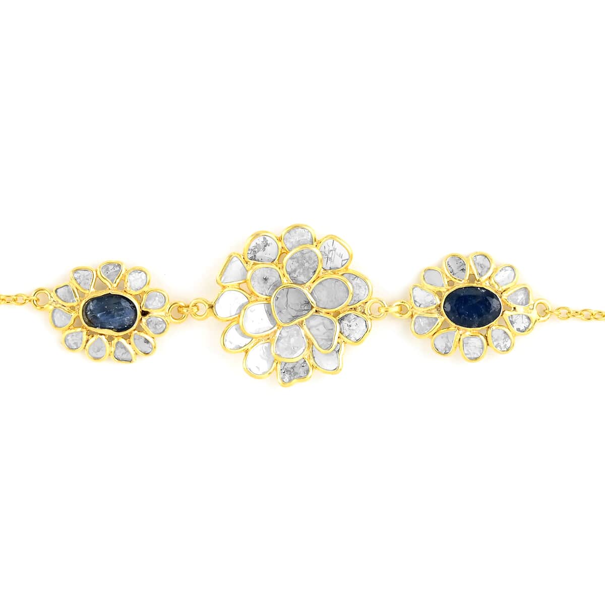 Sapphire and Polki Diamond Lotus Floral Bracelet in 14K Yellow Gold Over Sterling Silver (6.50 In) 3.70 ctw image number 1