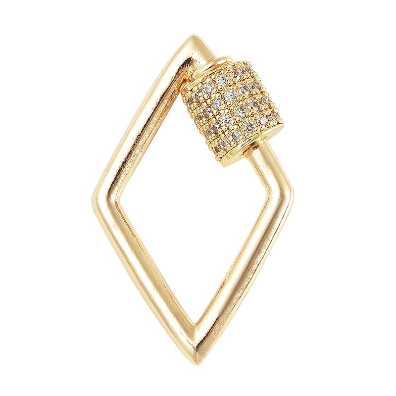 Diamond Shaped White Zircon Carabiner Screw Lock Ring Clasp Charm Enhancer in Goldtone