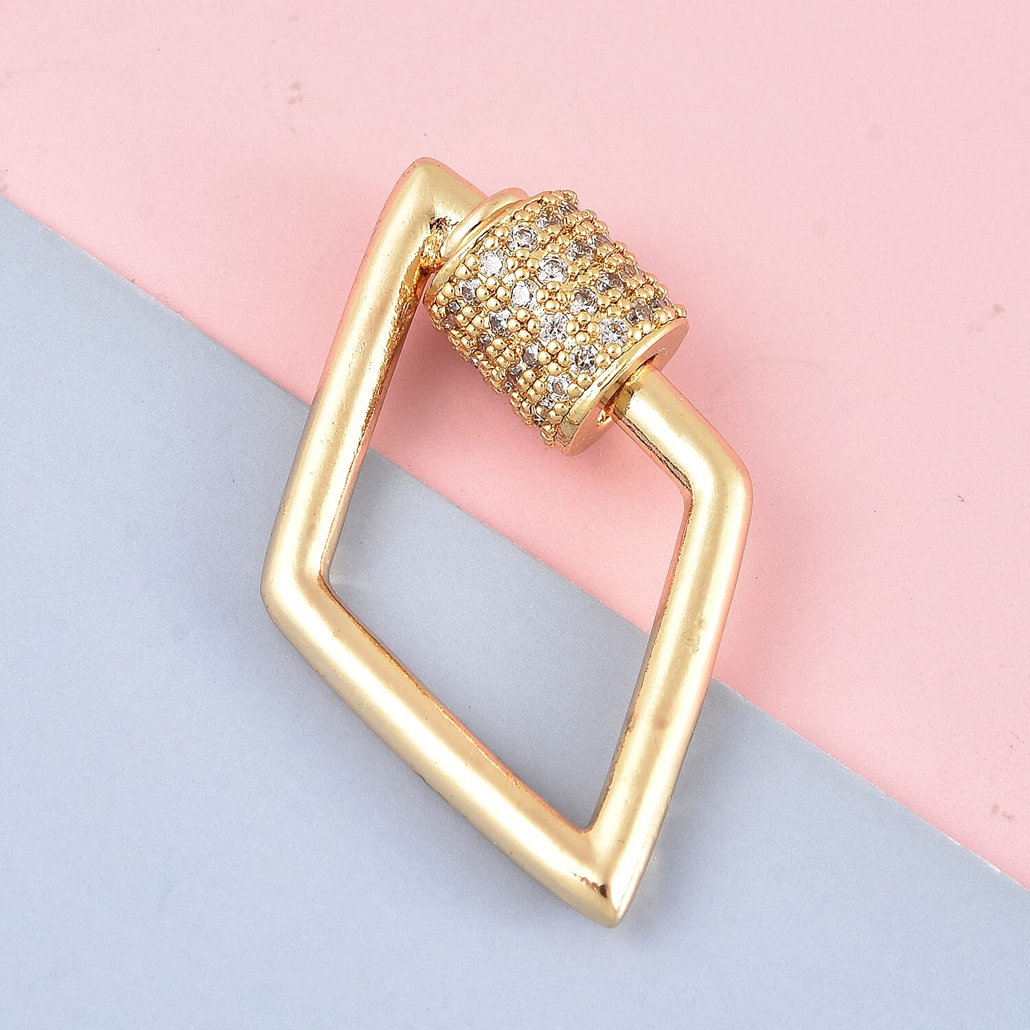 Diamond Shaped White Zircon Carabiner Screw Lock Ring Clasp Charm Enhancer in Goldtone