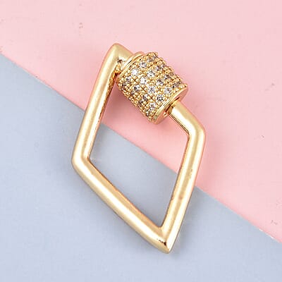 Diamond Shaped White Zircon Carabiner Screw Lock Ring Clasp Charm Enhancer in Goldtone