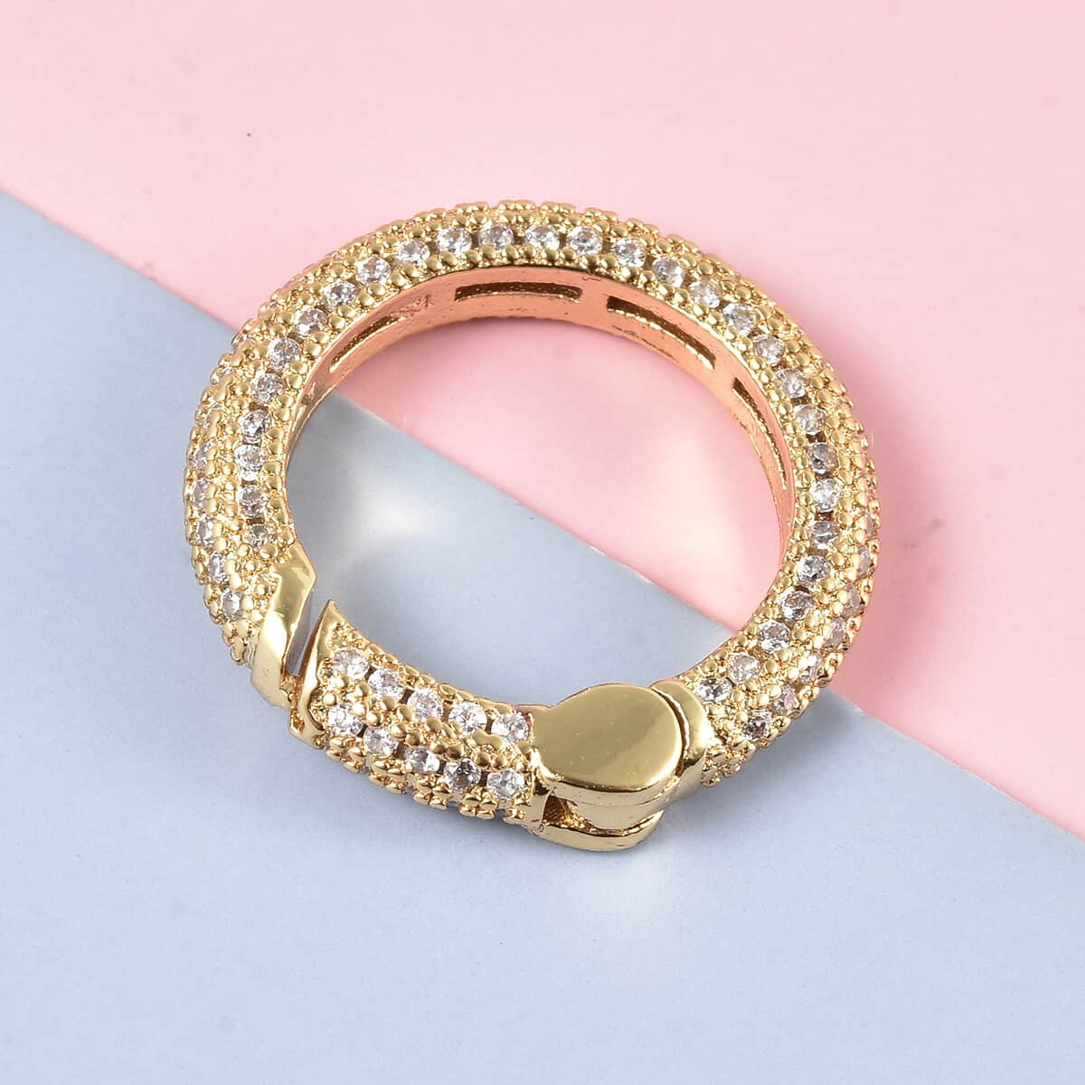 Round Double Face White Zircon Carabiner Screw Lock Ring Clasp Charm Enhancer in Goldtone 1.00 ctw image number 1