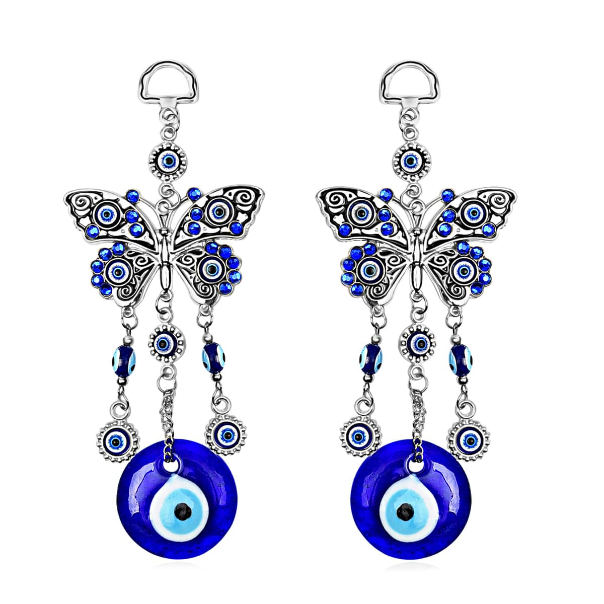 Set of 2 Silver and Blue Butterfly Evil Eye Charm For Wall Hanging Decor in Silvertone image number 0