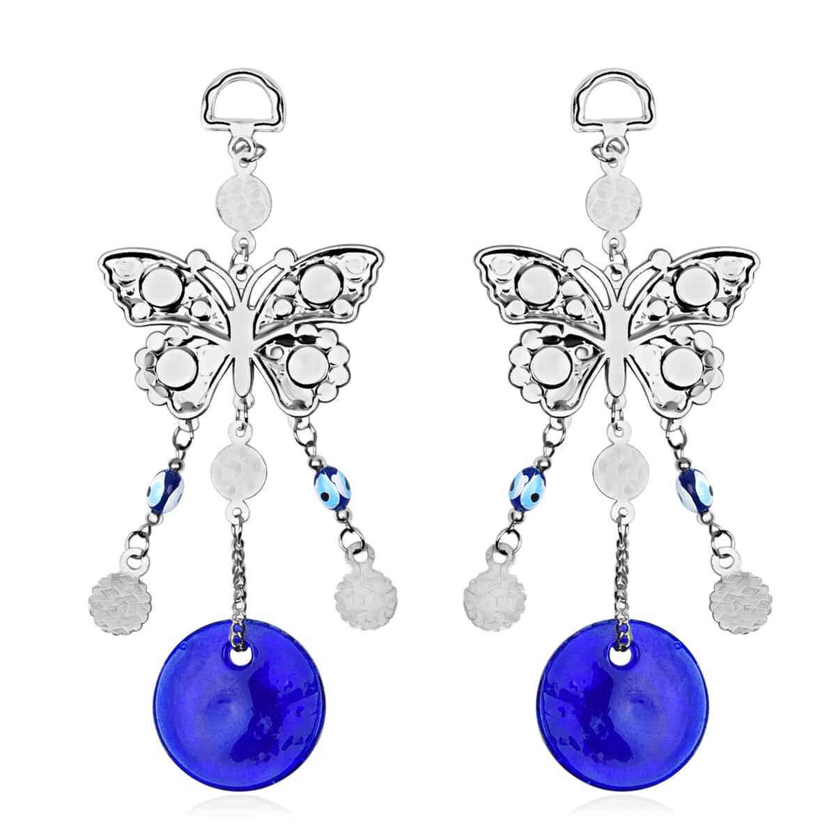 Set of 2 Silver and Blue Butterfly Inspired Eye Wall Hanging Charm in Silvertone (8.27x2.36) image number 3