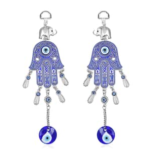 Set of 2 Silver and Blue Hamsa Evil Eye Charm For Wall Hanging Decor in Silvertone