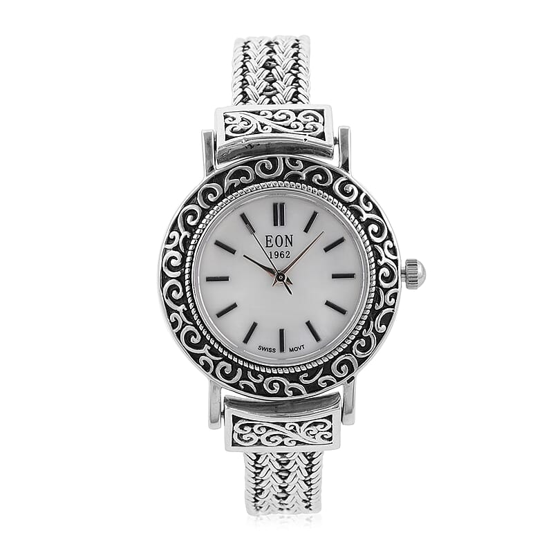 Bali Legacy Eon 1962 Swiss Movement MOP Dial Watch in Sterling Silver (7.50 in)