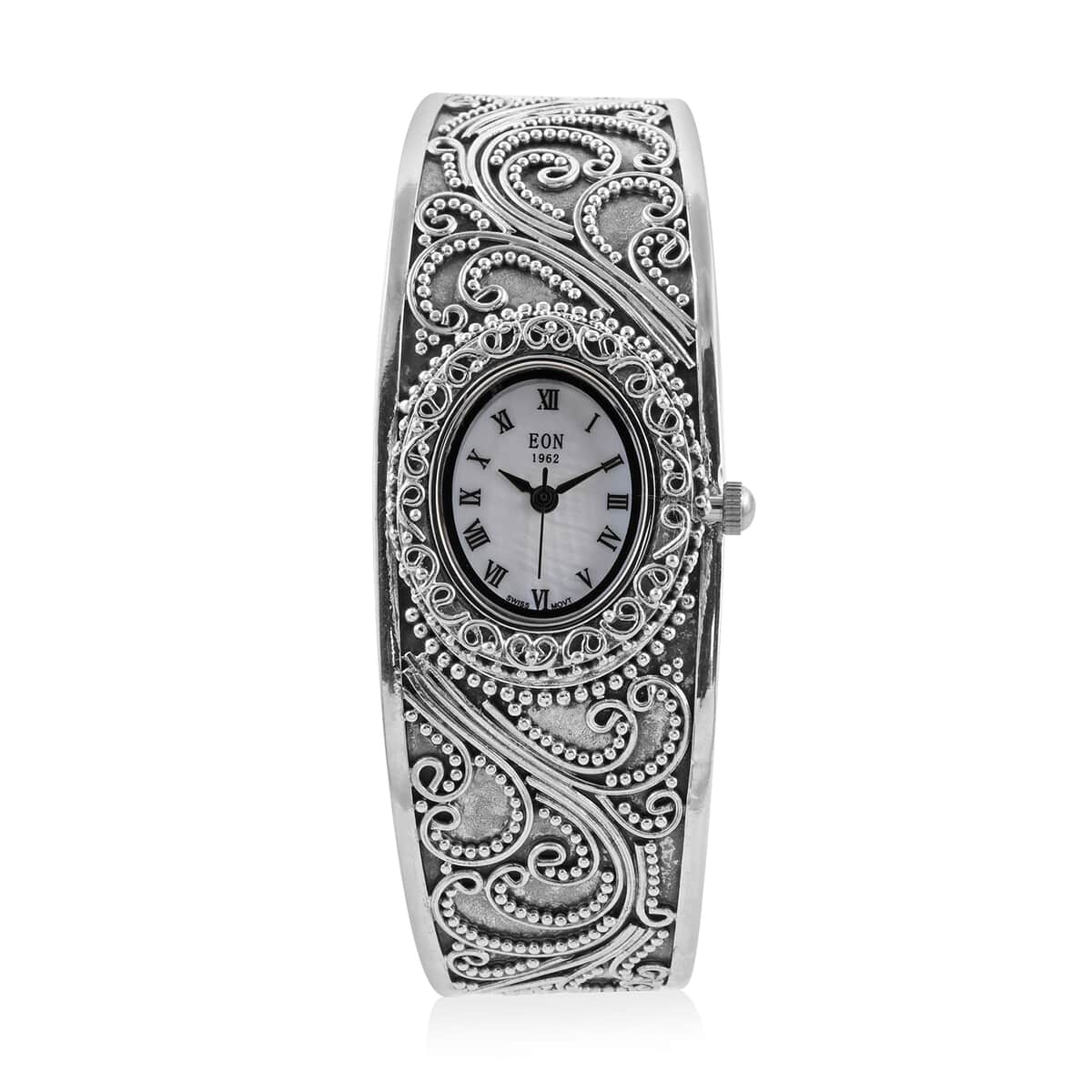 Bali Legacy Eon 1962 Swiss Movement Cuff Bracelet Watch with MOP Dial in Sterling Silver (7.50 In) image number 0