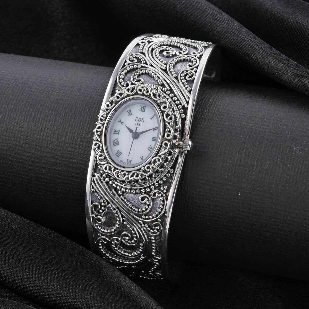 Bali Legacy Eon 1962 Swiss Movement Cuff Bracelet Watch with MOP Dial in Sterling Silver (7.50 In) image number 1