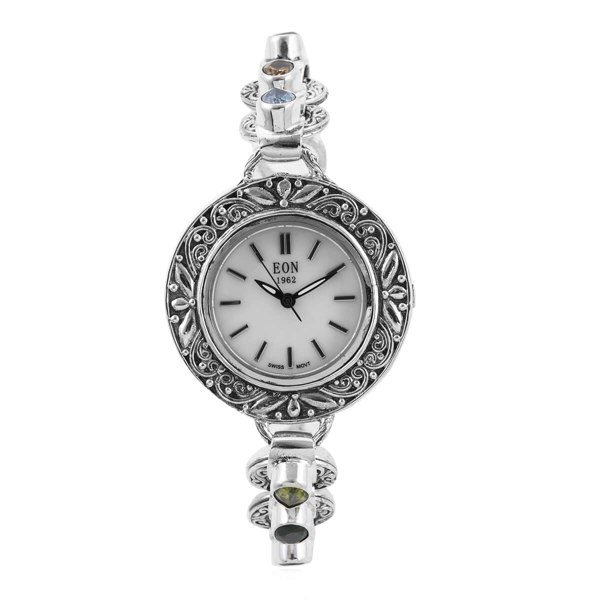 Bali Legacy Eon 1962 Swiss Movement Multi Gemstone Bracelet Watch with MOP Dial in Sterling Silver (7.50 In) 4.90 ctw image number 0