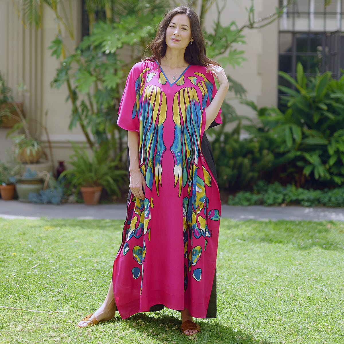 Winlar Pink Butterfly Ink Blot Print V-Neck Long Satin Kaftan - One Size Fits Most image number 1