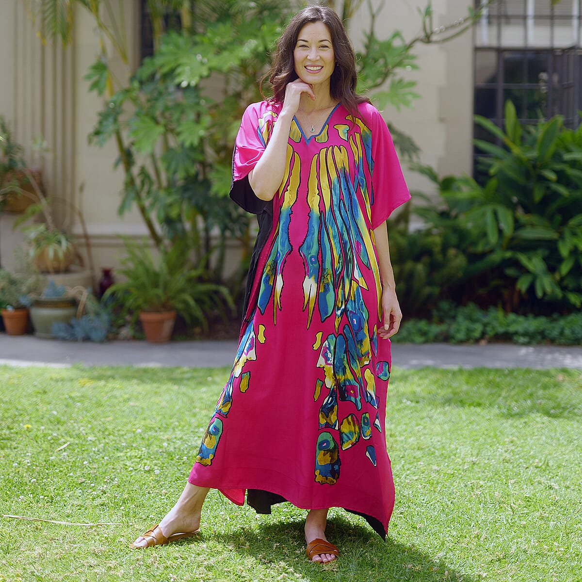 Winlar Pink Butterfly Ink Blot Print V-Neck Long Satin Kaftan - One Size Fits Most image number 2