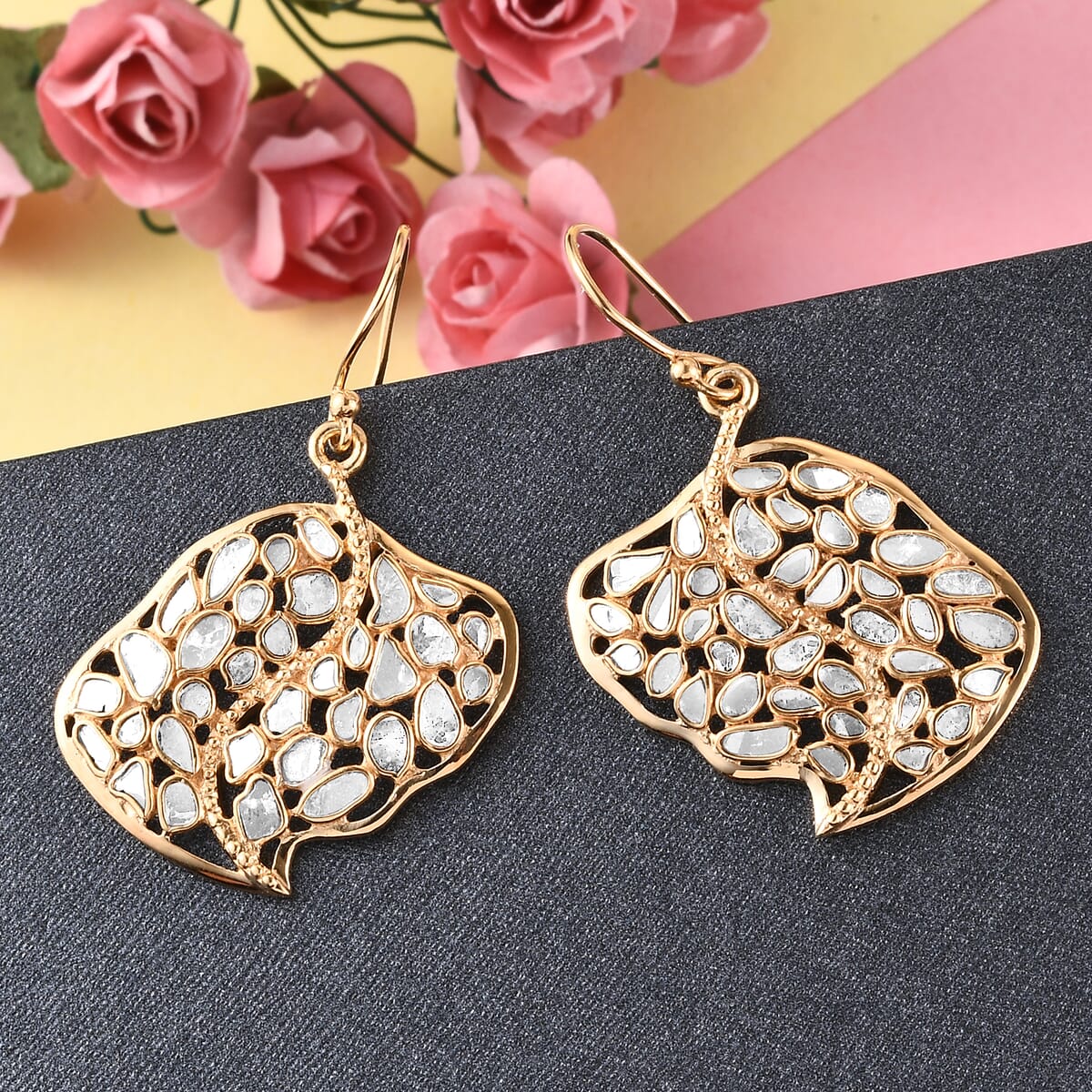 Artisan Crafted Polki Diamond Earrings in 14K Yellow Gold Over Sterling Silver 2.50 ctw image number 1