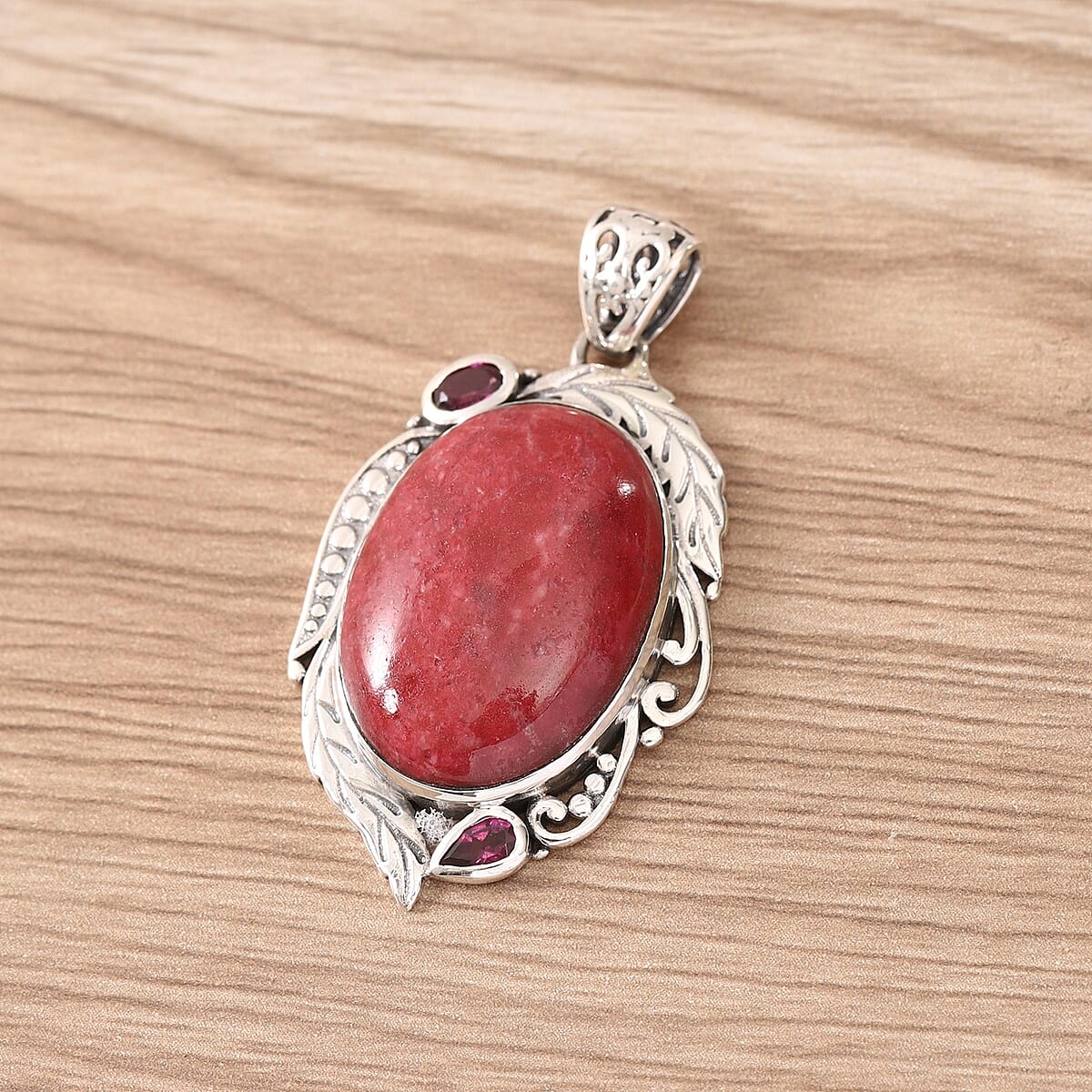 Norwegian Thulite and Orissa Rhodolite Garnet Pendant in Sterling Silver 29.60 ctw image number 1