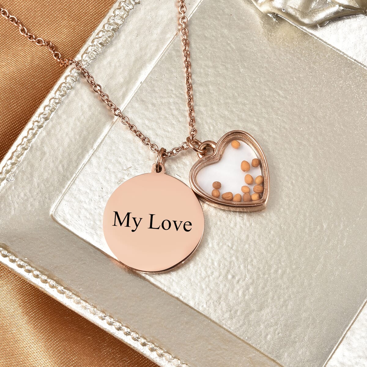 Charm Necklace with Encased Mustard Seeds (20 Inches) in ION Plated RG Stainless Steel image number 1