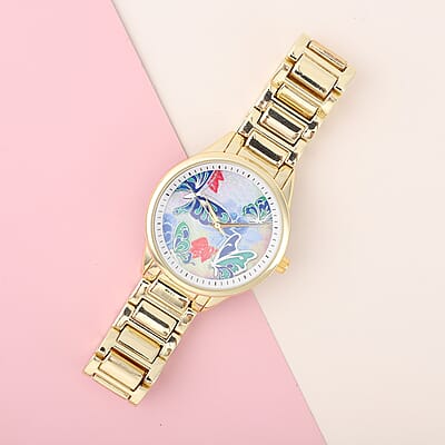 Strada Japanese Movement Watch with Blue Butterfly Pattern Dial in Goldtone