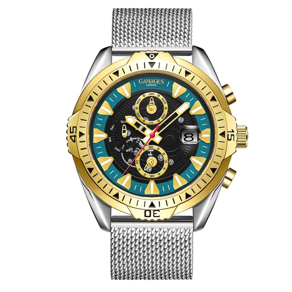 GAMAGES OF LONDON Limited Edition Hand Assembled Vanguard Automatic Movement Mesh Strap Watch in ION Plated Gold and Stainless Steel (45mm) with FREE GIFT PEN image number 0