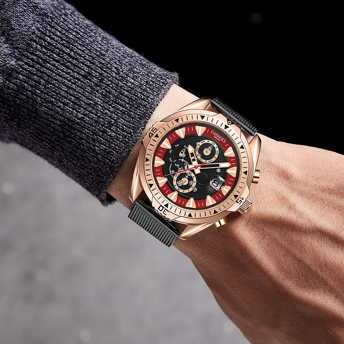 GAMAGES OF LONDON Limited Edition Hand Assembled Vanguard Automatic Movement Black Mesh Strap Watch with ION Plated RG (45mm) with FREE GIFT PEN image number 1