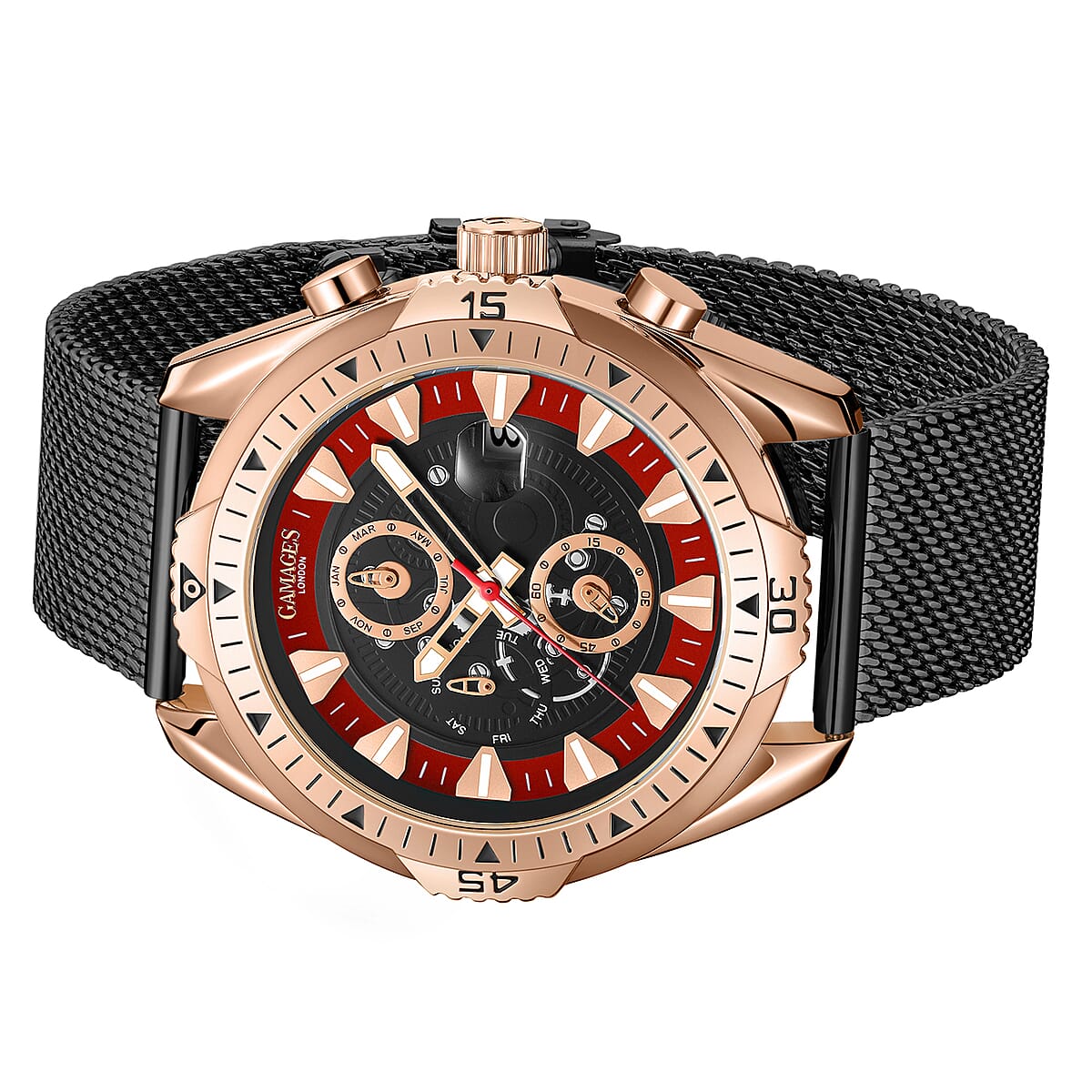 GAMAGES OF LONDON Limited Edition Hand Assembled Vanguard Automatic Movement Black Mesh Strap Watch with ION Plated RG (45mm) with FREE GIFT PEN image number 2