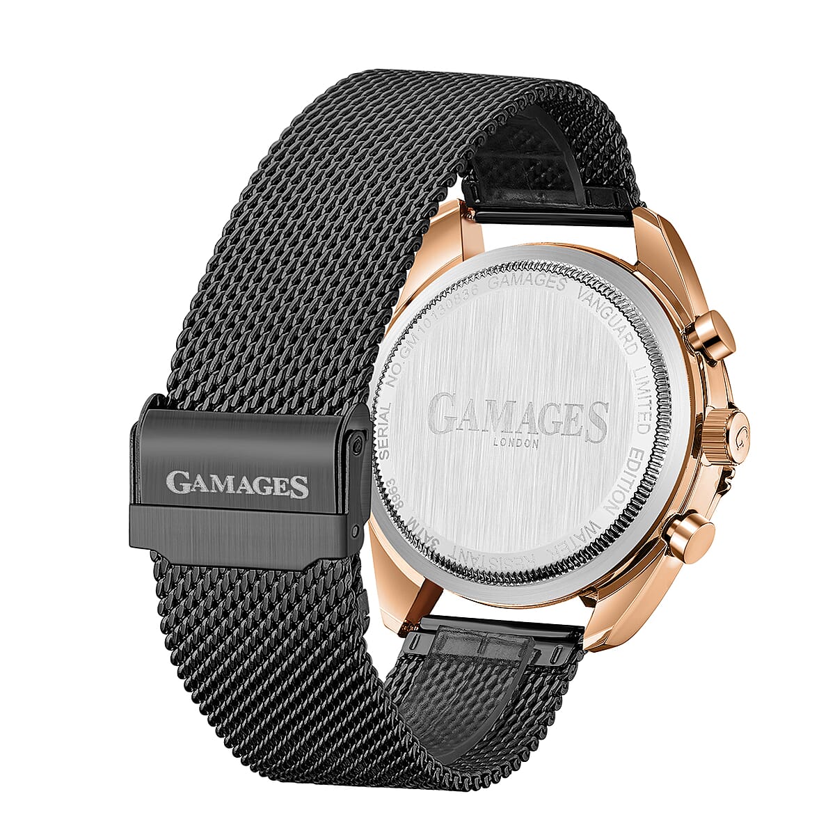 GAMAGES OF LONDON Limited Edition Hand Assembled Vanguard Automatic Movement Black Mesh Strap Watch with ION Plated RG (45mm) with FREE GIFT PEN image number 3