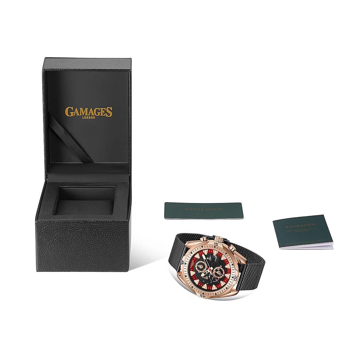 GAMAGES OF LONDON Limited Edition Hand Assembled Vanguard Automatic Movement Black Mesh Strap Watch with ION Plated RG (45mm) with FREE GIFT PEN image number 4