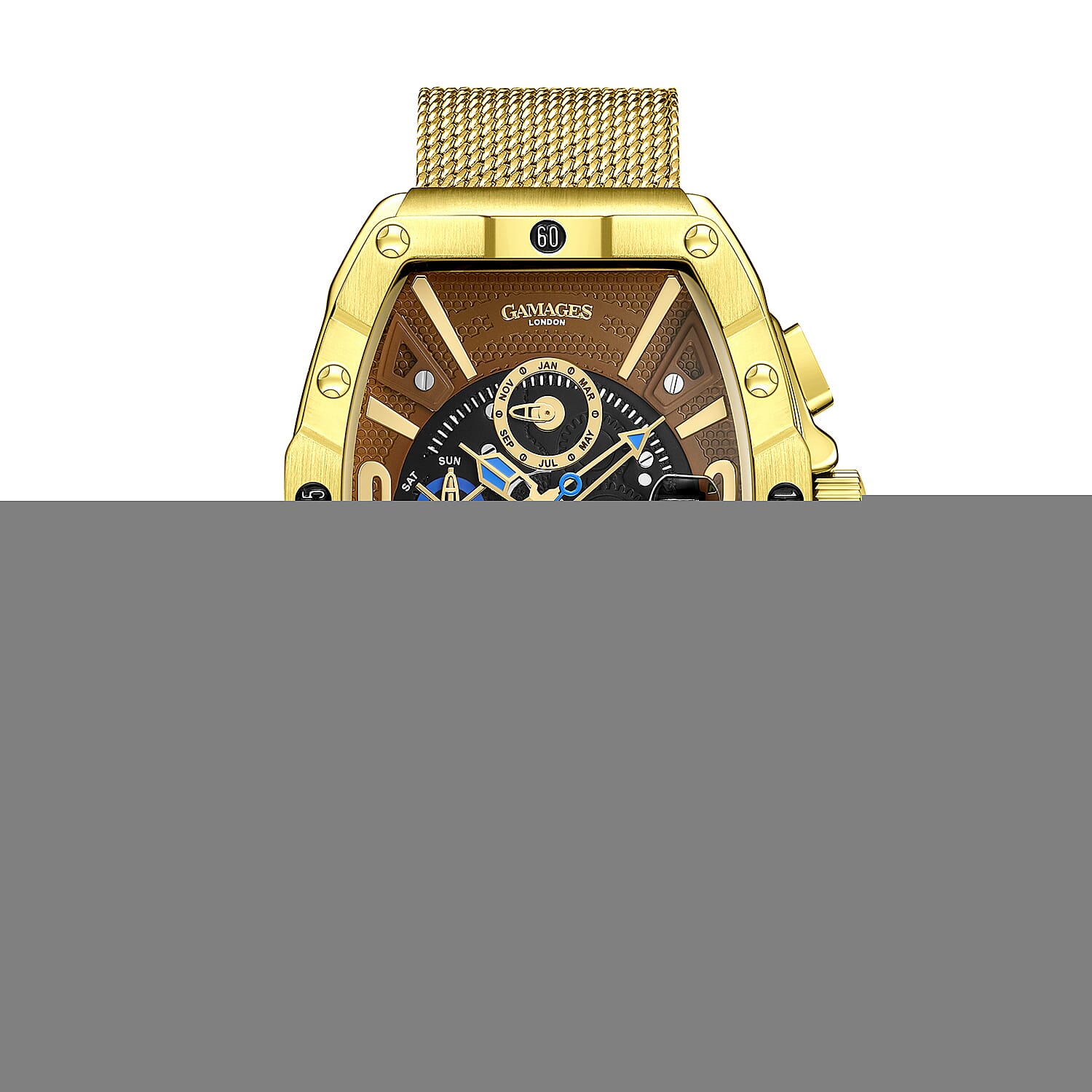 GAMAGES OF LONDON Limited Edition Hand Assembled Resplendence Automatic Movement Mesh Strap Watch in ION Plated Gold with Brown Dial (41mm)