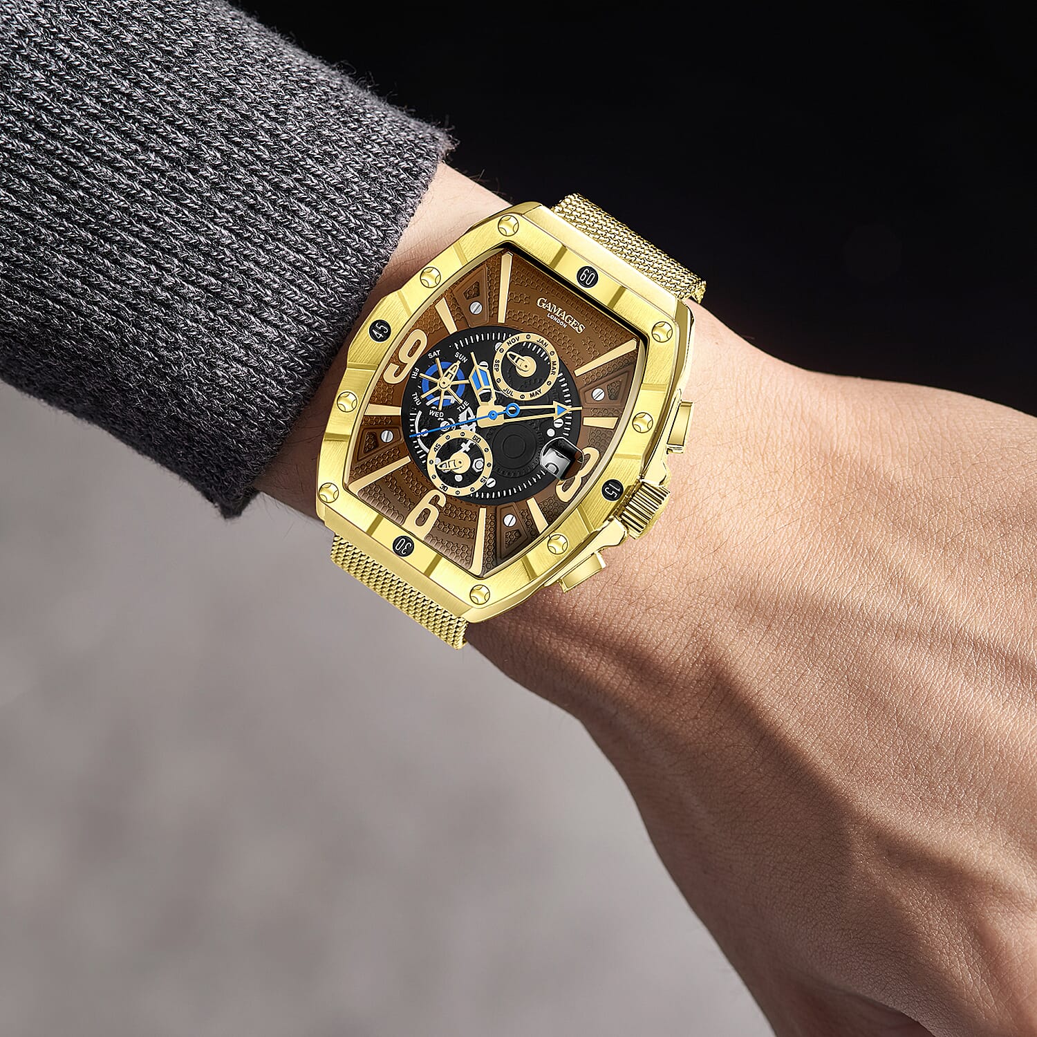 GAMAGES OF LONDON Limited Edition Hand Assembled Resplendence Automatic Movement Mesh Strap Watch in ION Plated Gold with Brown Dial (41mm)