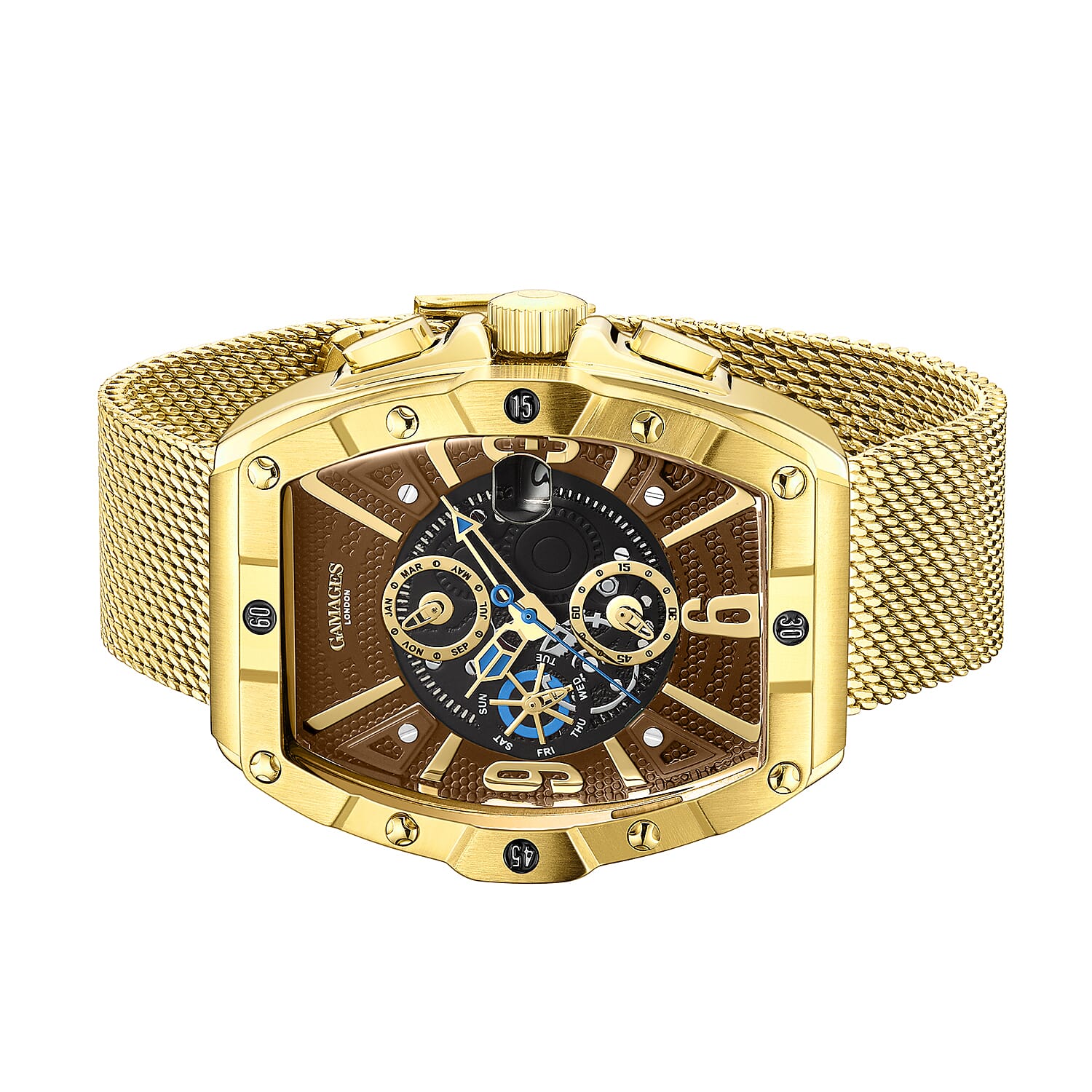 GAMAGES OF LONDON Limited Edition Hand Assembled Resplendence Automatic Movement Mesh Strap Watch in ION Plated Gold with Brown Dial (41mm)