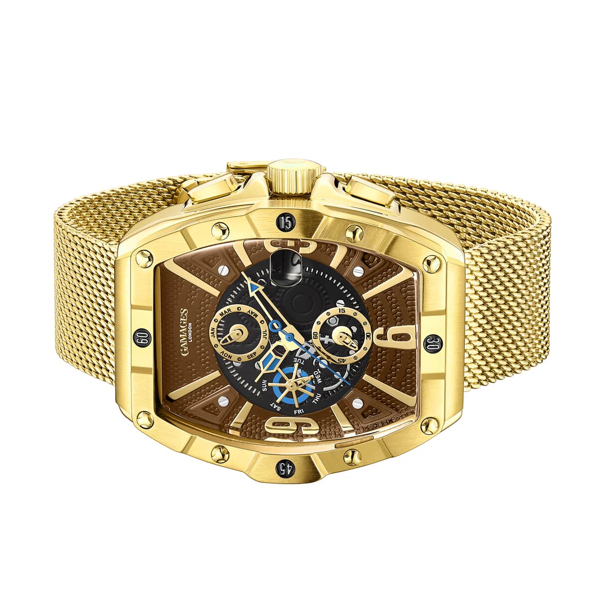 GAMAGES OF LONDON Limited Edition Hand Assembled Resplendence Automatic Movement Mesh Strap Watch in ION Plated Gold with Brown Dial (41mm) image number 2
