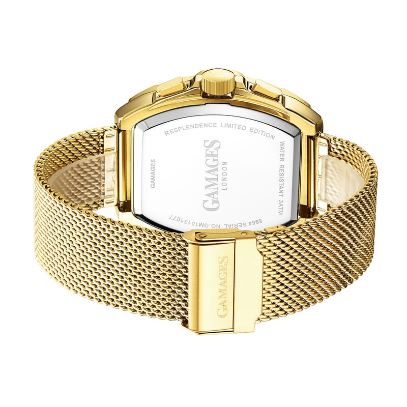 GAMAGES OF LONDON Limited Edition Hand Assembled Resplendence Automatic Movement Mesh Strap Watch in ION Plated Gold with Brown Dial (41mm)