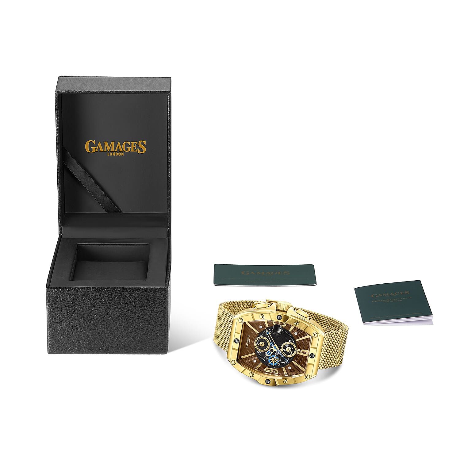GAMAGES OF LONDON Limited Edition Hand Assembled Resplendence Automatic Movement Mesh Strap Watch in ION Plated Gold with Brown Dial (41mm)