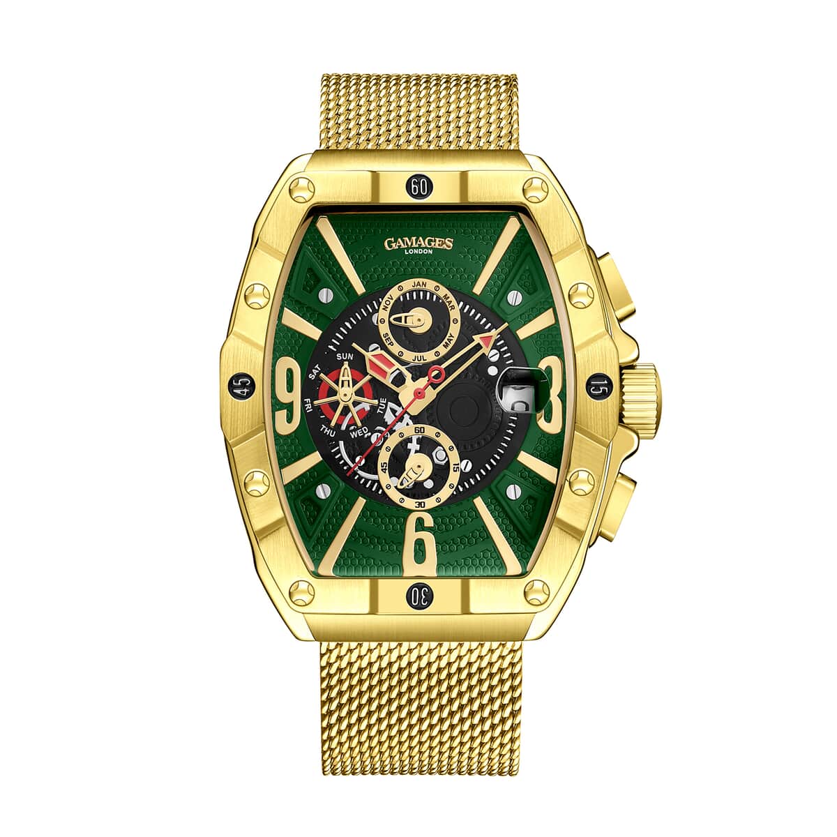 GAMAGES OF LONDON Limited Edition Hand Assembled Resplendence Automatic Movement Mesh Strap Watch in ION Plated Gold with Green Dial (41mm) image number 0