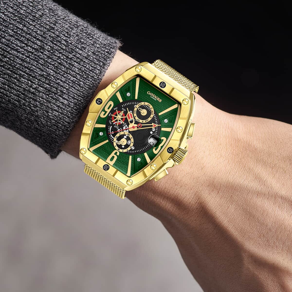 GAMAGES OF LONDON Limited Edition Hand Assembled Resplendence Automatic Movement Mesh Strap Watch in ION Plated Gold with Green Dial (41mm) image number 1