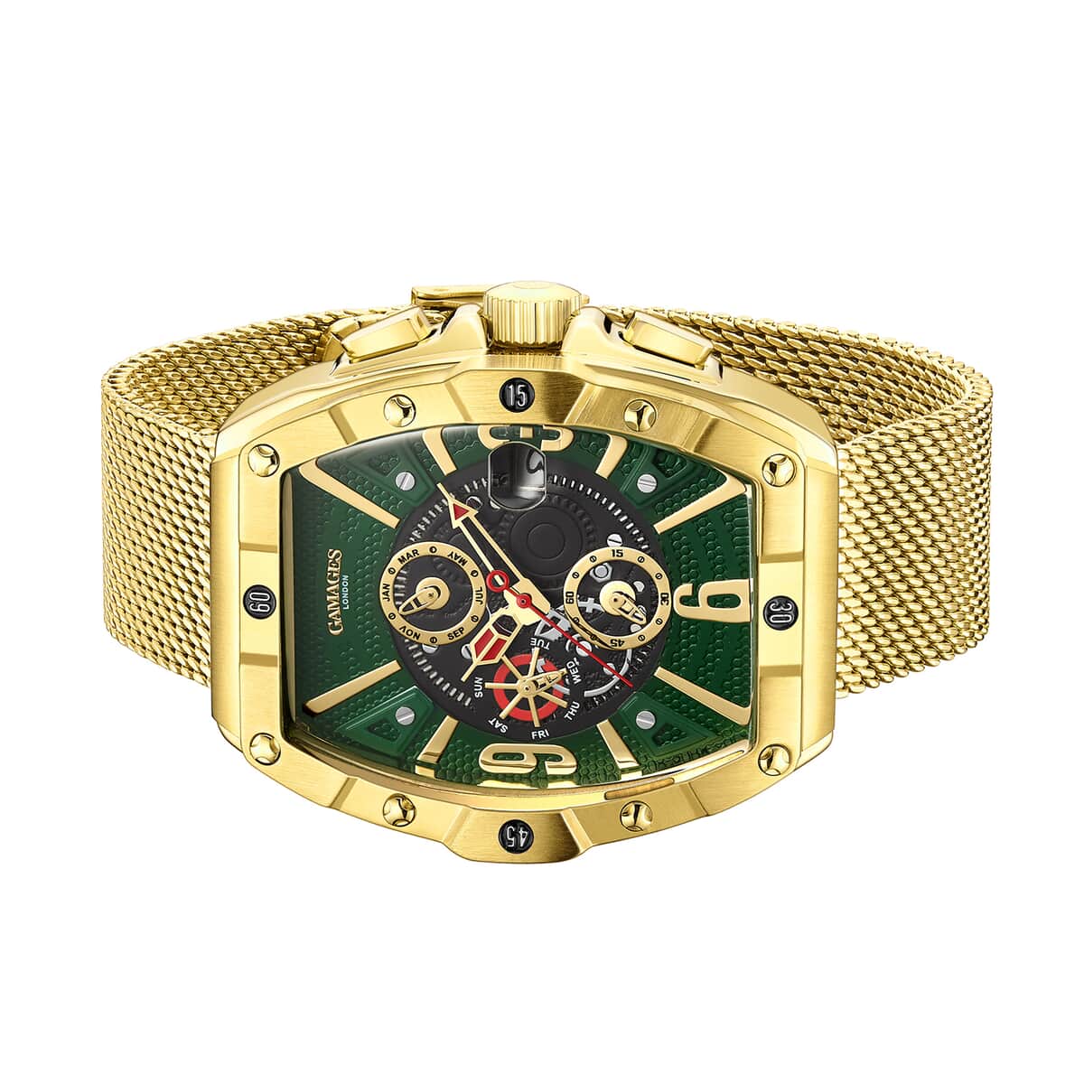 GAMAGES OF LONDON Limited Edition Hand Assembled Resplendence Automatic Movement Mesh Strap Watch in ION Plated Gold with Green Dial (41mm) image number 2