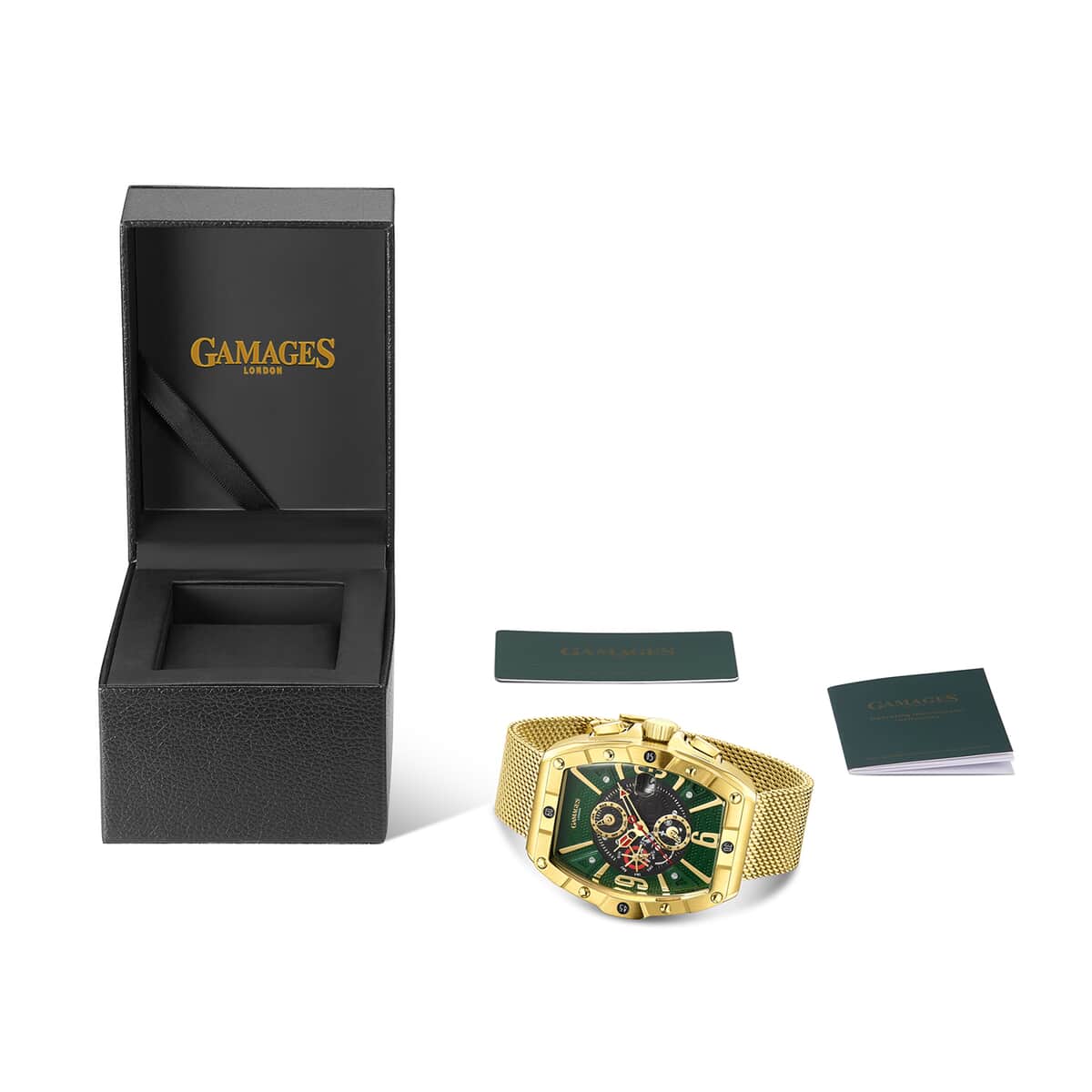 GAMAGES OF LONDON Limited Edition Hand Assembled Resplendence Automatic Movement Mesh Strap Watch in ION Plated Gold with Green Dial (41mm) image number 4