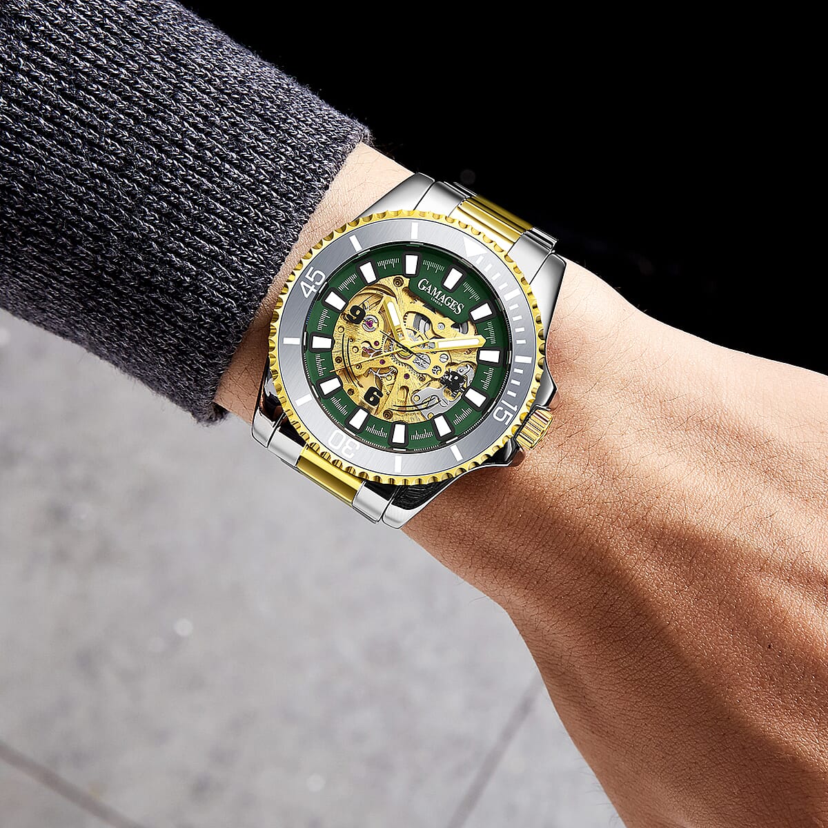 GAMAGES OF LONDON Limited Edition Hand Assembled Sports Skeleton Automatic Movement Two Tone in ION Plated Gold and Stainless Steel (45mm) with FREE GIFT PEN image number 1