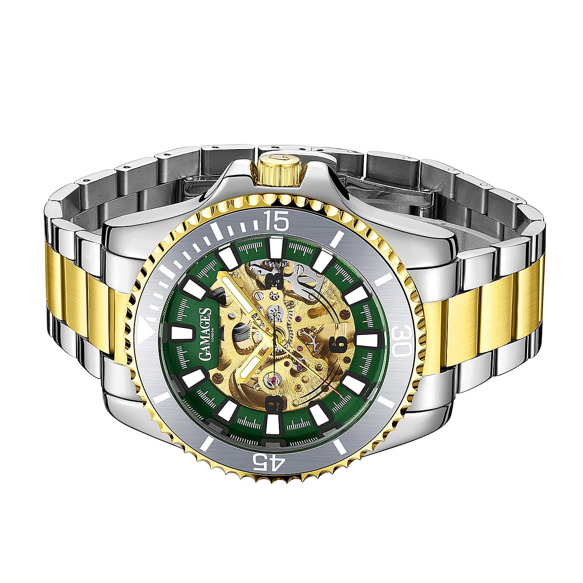 GAMAGES OF LONDON Limited Edition Hand Assembled Sports Skeleton Automatic Movement Two Tone in ION Plated Gold and Stainless Steel (45mm) with FREE GIFT PEN image number 2