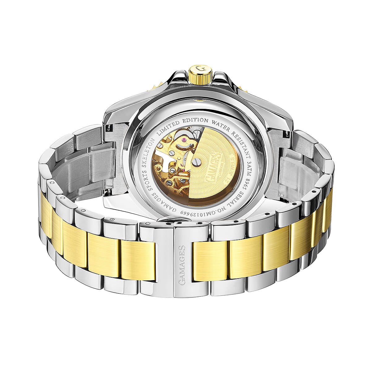 GAMAGES OF LONDON Limited Edition Hand Assembled Sports Skeleton Automatic Movement Two Tone in ION Plated Gold and Stainless Steel (45mm) with FREE GIFT PEN image number 3