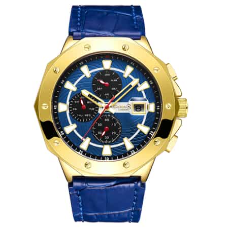 Gamages of London Limited Edition Hand Assembled Military Sports Automatic Movement Blue Genuine Leather Strap Watch in Gold ION Plating (45mm) image number 0