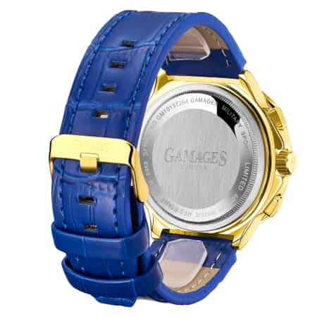 Gamages of London Limited Edition Hand Assembled Military Sports Automatic Movement Blue Genuine Leather Strap Watch in Gold ION Plating (45mm) image number 3