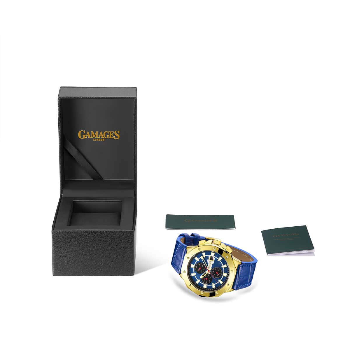 Gamages of London Limited Edition Hand Assembled Military Sports Automatic Movement Blue Genuine Leather Strap Watch in Gold ION Plating (45mm) image number 4