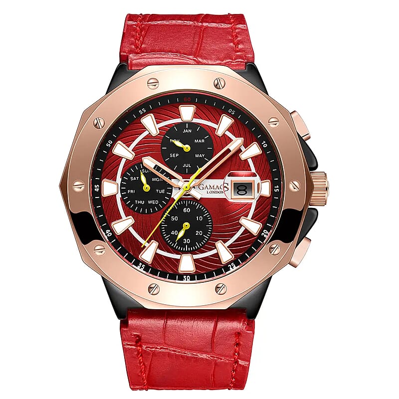 Gamages of London Limited Edition Hand Assembled Military Sports Automatic Movement Red Genuine Leather Strap Watch in RG ION Plating (45mm)