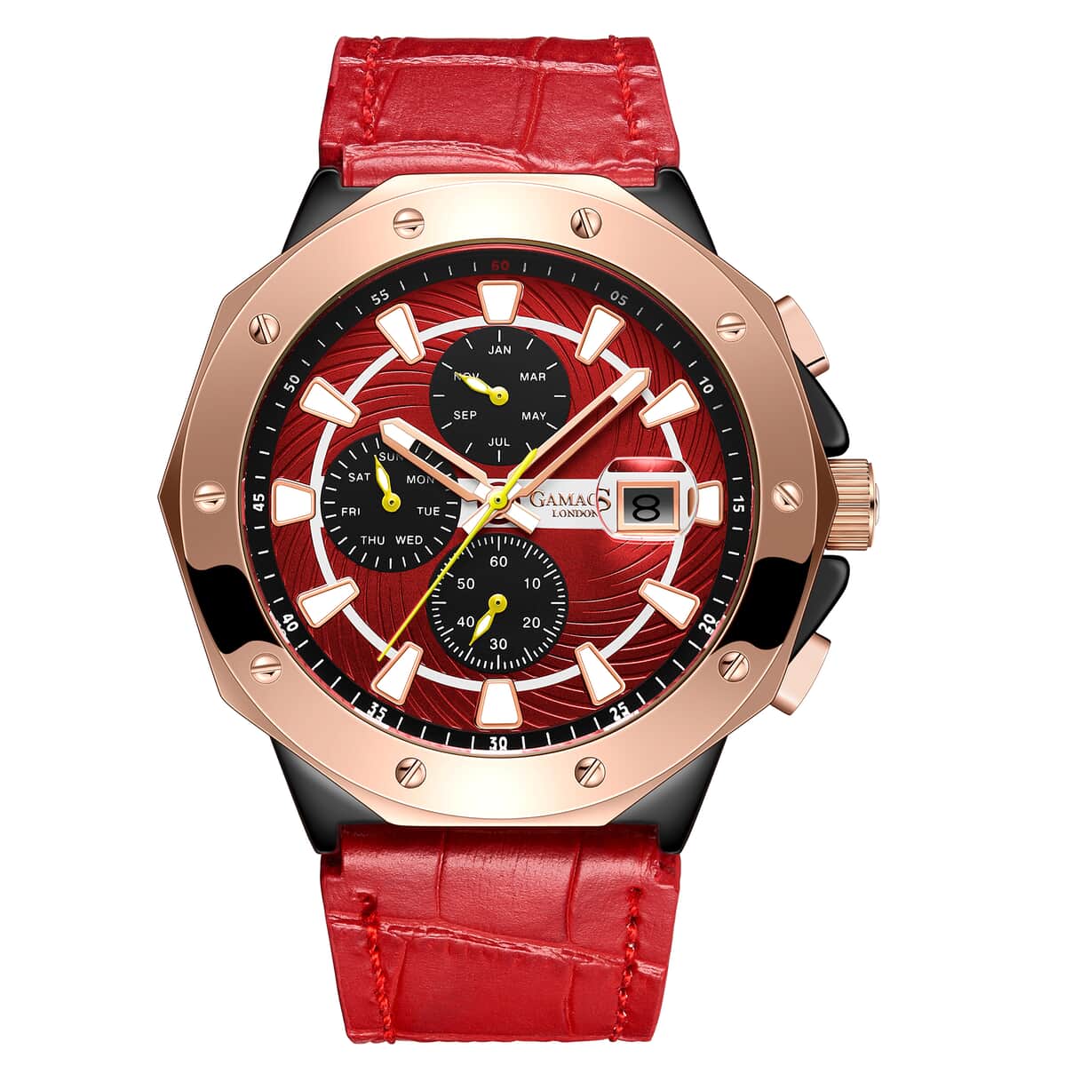 Gamages of London Limited Edition Hand Assembled Military Sports Automatic Movement Red Genuine Leather Strap Watch in RG ION Plating (45mm) image number 0