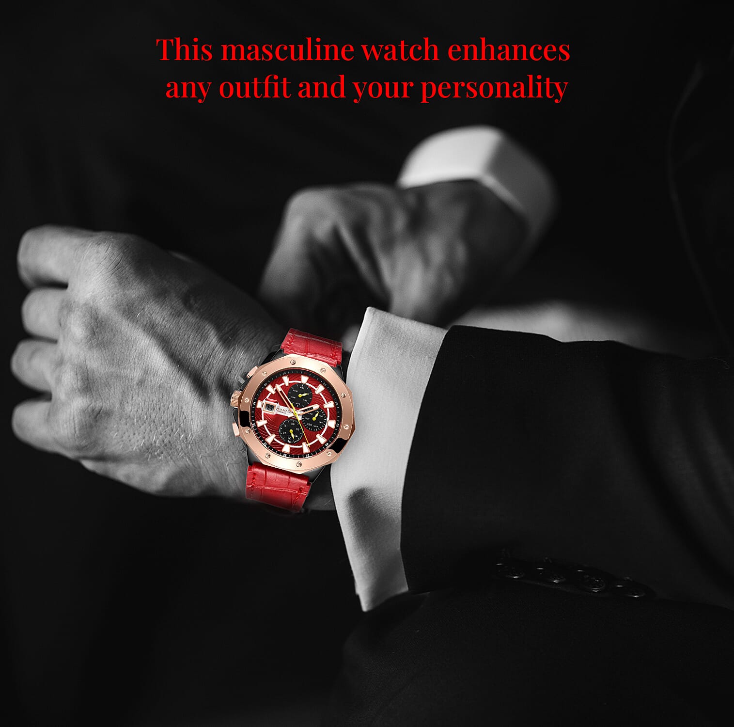 Gamages of London Limited Edition Hand Assembled Military Sports Automatic Movement Red Genuine Leather Strap Watch in RG ION Plating (45mm)