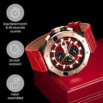 Gamages of London Limited Edition Hand Assembled Military Sports Automatic Movement Red Genuine Leather Strap Watch in RG ION Plating (45mm)