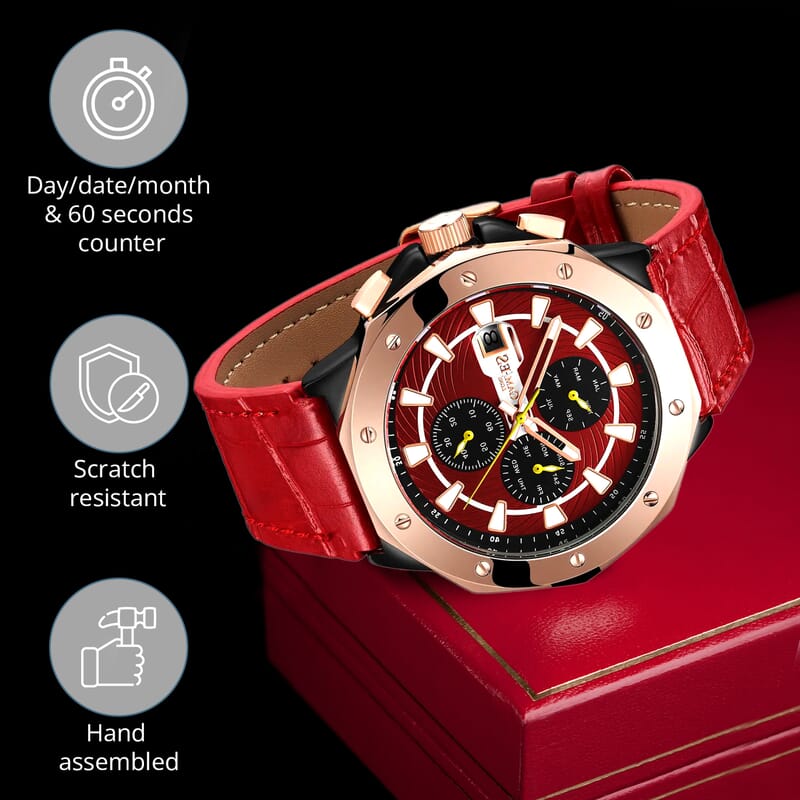 Gamages of London Limited Edition Hand Assembled Military Sports Automatic Movement Red Genuine Leather Strap Watch in RG ION Plating (45mm)